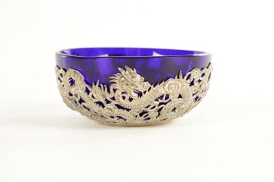 Lot 195 - A 19TH CENTURY CHINESE SILVER MOUNTED BLUE SMALL GLASS BOWL