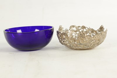 Lot 195 - A 19TH CENTURY CHINESE SILVER MOUNTED BLUE SMALL GLASS BOWL