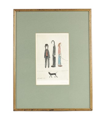 Lot 878 - A 20TH CENTURY L. S. LOWRY SIGNED PRINT 'THREE MEN AND A CAT'