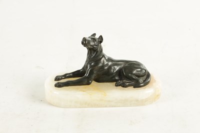 Lot 791 - A 19TH CENTURY FRENCH BRONZE AND WHITE ONYX RECUMBENT DOG DESK PAPERWEIGHT