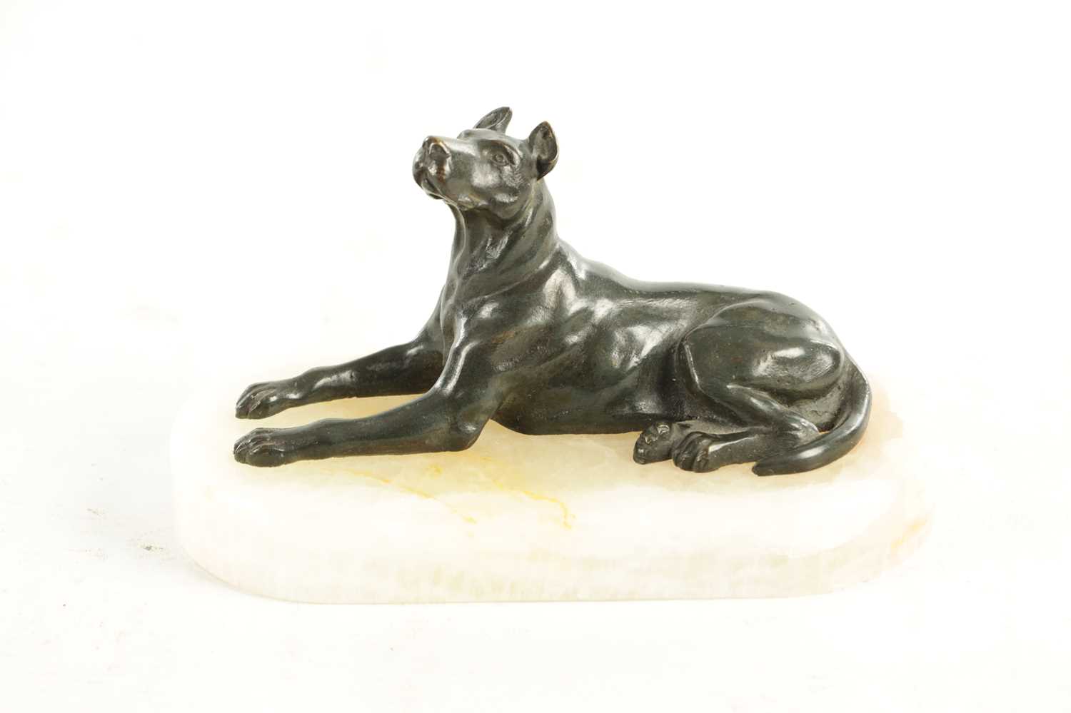 791 - A 19TH CENTURY FRENCH BRONZE AND WHITE ONYX RECUMBENT DOG DESK PAPERWEIGHT