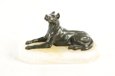 Lot 791 - A 19TH CENTURY FRENCH BRONZE AND WHITE ONYX RECUMBENT DOG DESK PAPERWEIGHT