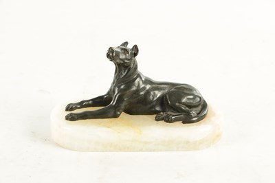 Lot 791 - A 19TH CENTURY FRENCH BRONZE AND WHITE ONYX RECUMBENT DOG DESK PAPERWEIGHT