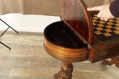 Lot 1215 - A FINE REGENCY FIGURED ROSEWOOD AND BRASS INLAID GAMES TABLE IN THE MANNER OF GILLOWS