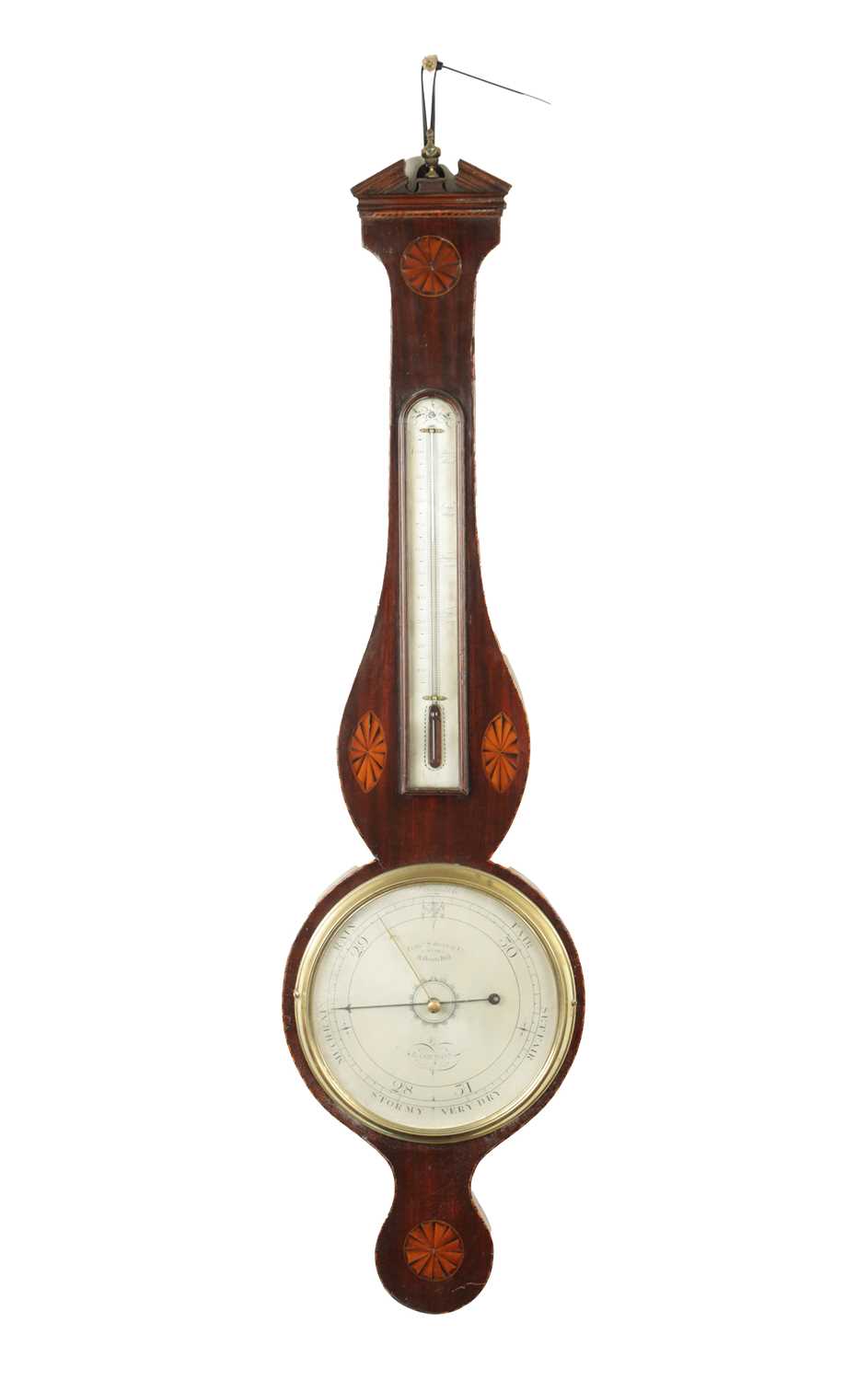Lot 1009 - FRANCIS SALTERY & CO. HOLBORN HILL, LONDON. A GEORGE III INLAID MAHOGANY WHEEL BAROMETER