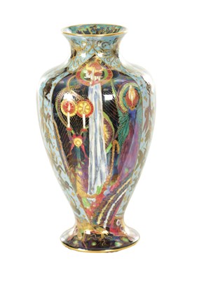 Lot 93 - A GOOD EARLY 20TH CENTURY WEDGWOOD FAIRYLAND LUSTRE “CANDLEMAS” DESIGN CABINET VASE BY DAISY MAKEIG JONES