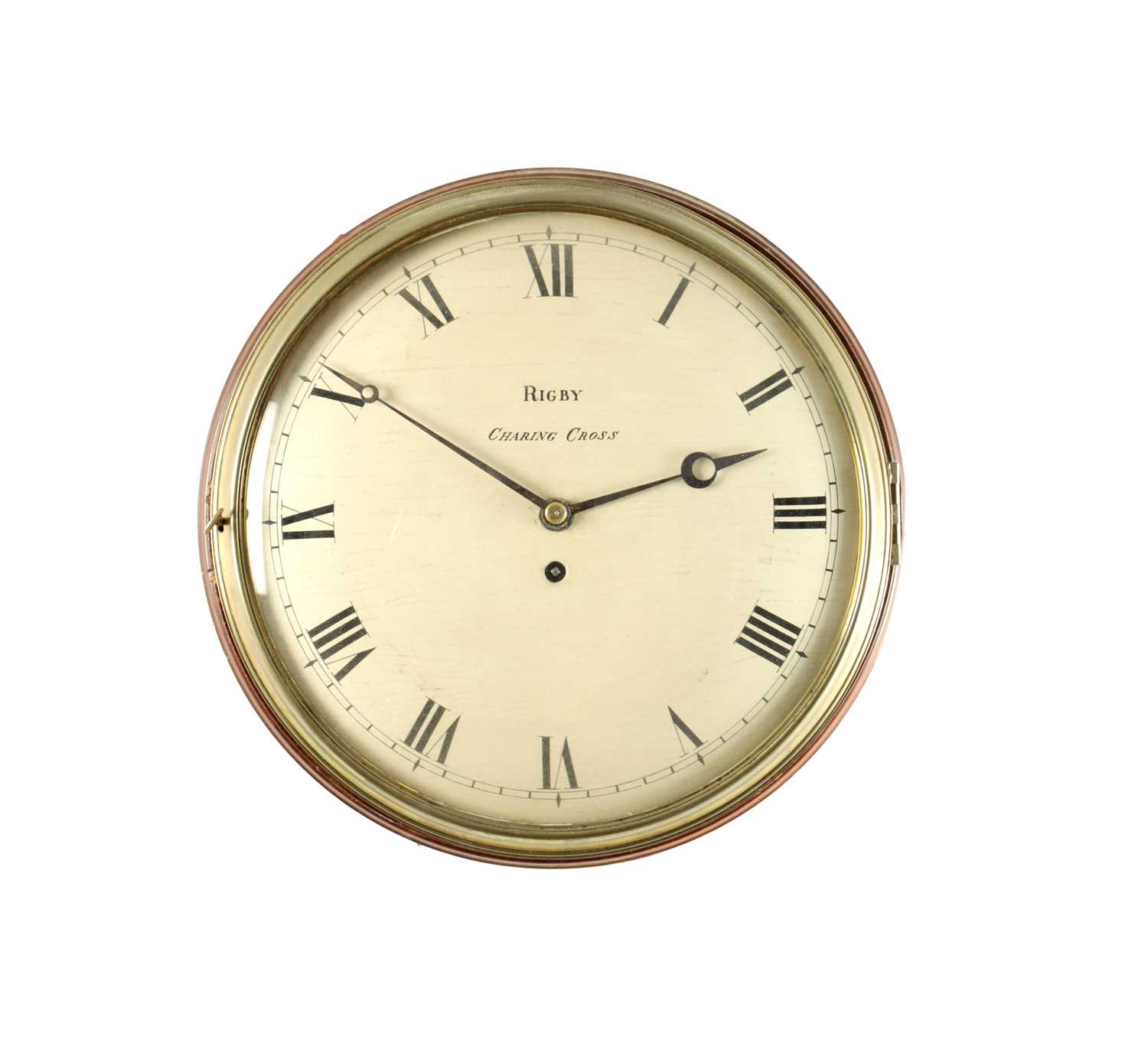 Lot 1158 - RIGBY, CHARING CROSS. A GEORGE III MAHOGANY 12” CONVEX WOODEN DIAL CLOCK