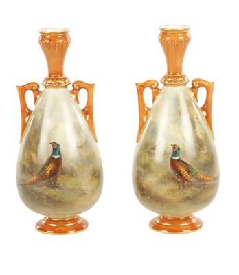 Lot 53 - A FINE PAIR OF ROYAL WORCESTER CABINET VASES PAINTED BY JAMES STINTON