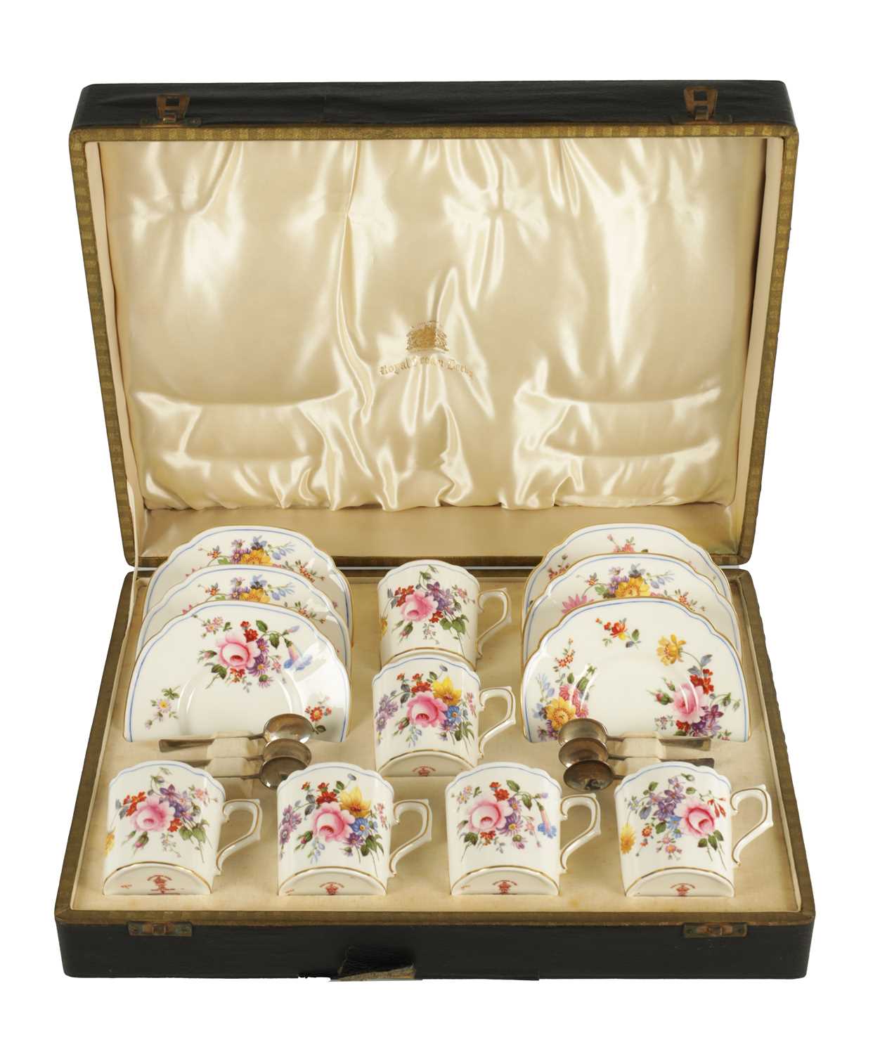 Lot 94 - A CASED ROYAL CROWN DERBY SIX PIECE COFFEE SERVICE WITH SILVER SPOONS CIRCA 1930