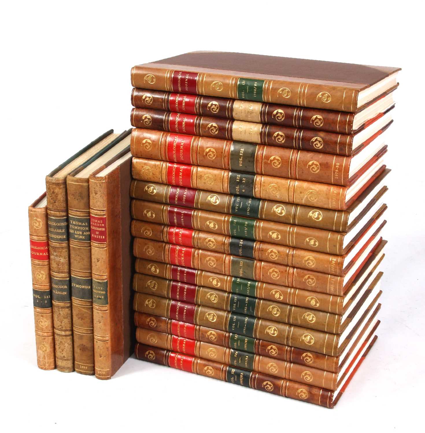 Lot 785 - A SET OF 19 LEATHER BOUND HOROLOGICAL JOURNAL...