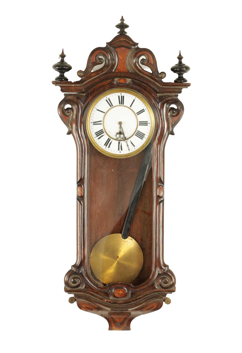 Lot 1023 - ATT. W. SCHONBERGER, VIENNA. A SMALL 19TH CENTURY ROSEWOOD AND KINGWOOD INLAID REGULATOR WALL CLOCK