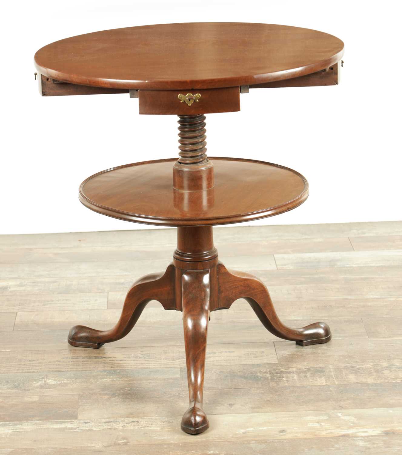 Lot 1309 - A RARE GEORGE II FIGURED MAHOGANY TWO-TIER