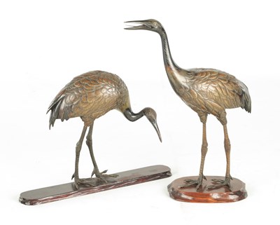 Lot 160 - A GOOD PAIR OF JAPANESE MEIJI PERIOD COLD PAINTED BRONZE SCULPTURES OF CRANES