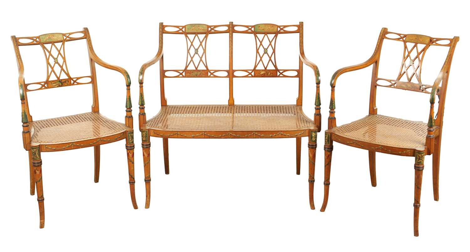 412 - A THREE PIECE 19TH CENTURY SHERATON STYLE PAINTED SATINWOOD BERGERE DRAWING ROOM SUITE