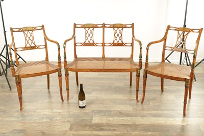 Lot A THREE PIECE 19TH CENTURY SHERATON STYLE PAINTED SATINWOOD BERGERE DRAWING ROOM SUITE