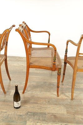 Lot A THREE PIECE 19TH CENTURY SHERATON STYLE PAINTED SATINWOOD BERGERE DRAWING ROOM SUITE