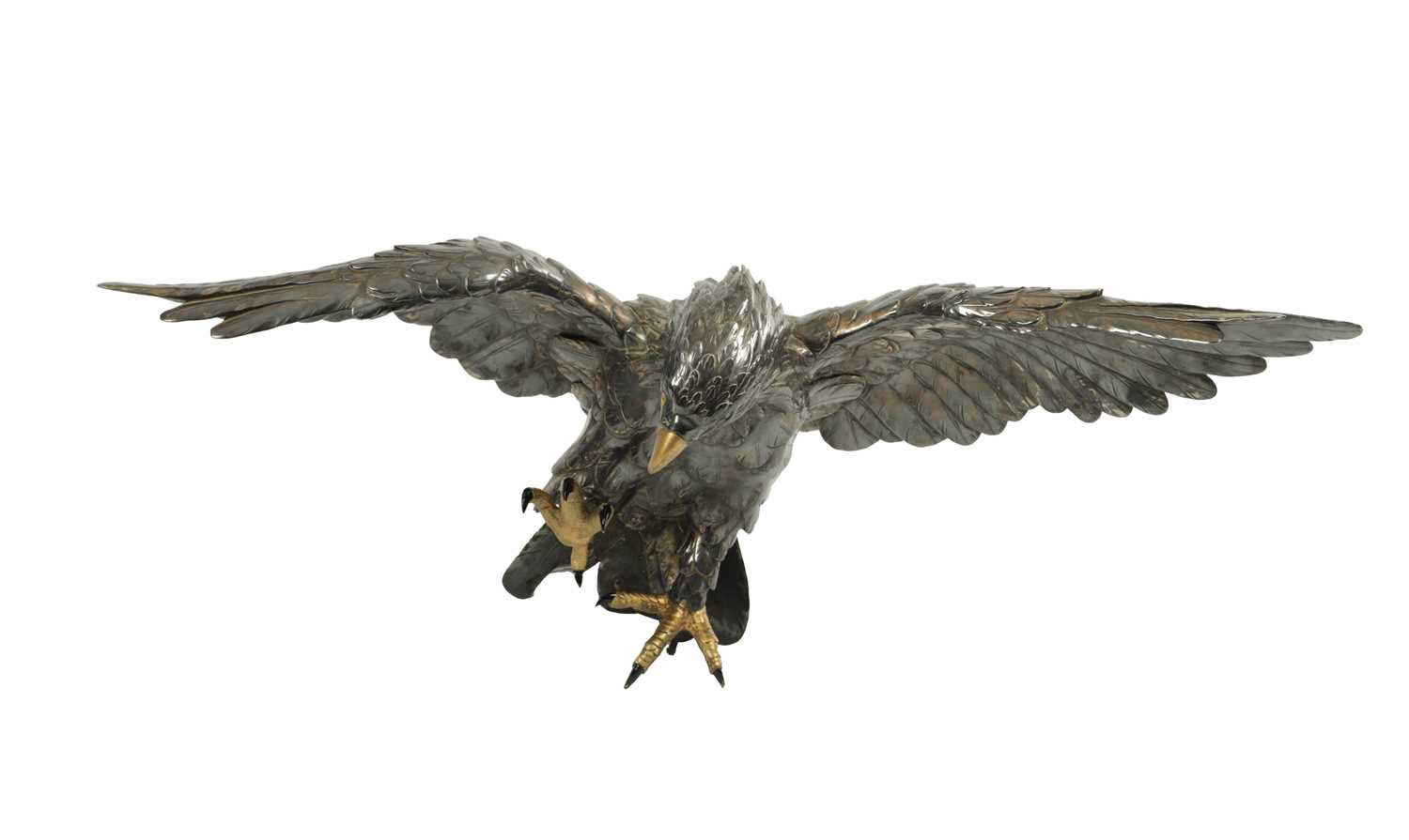 Lot 214 - A JAPANESE MEIJI PERIOD SILVERED BRONZE EAGLE SIGNED MASATSUNE