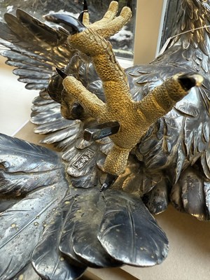 Lot 214 - A JAPANESE MEIJI PERIOD SILVERED BRONZE EAGLE SIGNED MASATSUNE