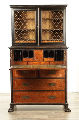 Lot 156 - AN EARLY 19TH CENTURY ANGLO CHINESE AMBOYNA AND EBONY IVORY INLAID SECRETAIRE BOOKCASE