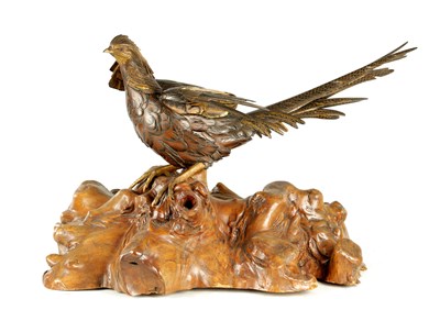 Lot 282 - A LATE 19TH CENTURY JAPANESE MEIJI PERIOD GILT AND POLYCHROME BRONZE OKIMONO / PHEASANT SCULPTURE