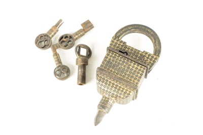 Lot 145 - AN 18TH/19TH CENTURY MIDDLE EASTERN IRONWORK PADLOCK AND KEYS