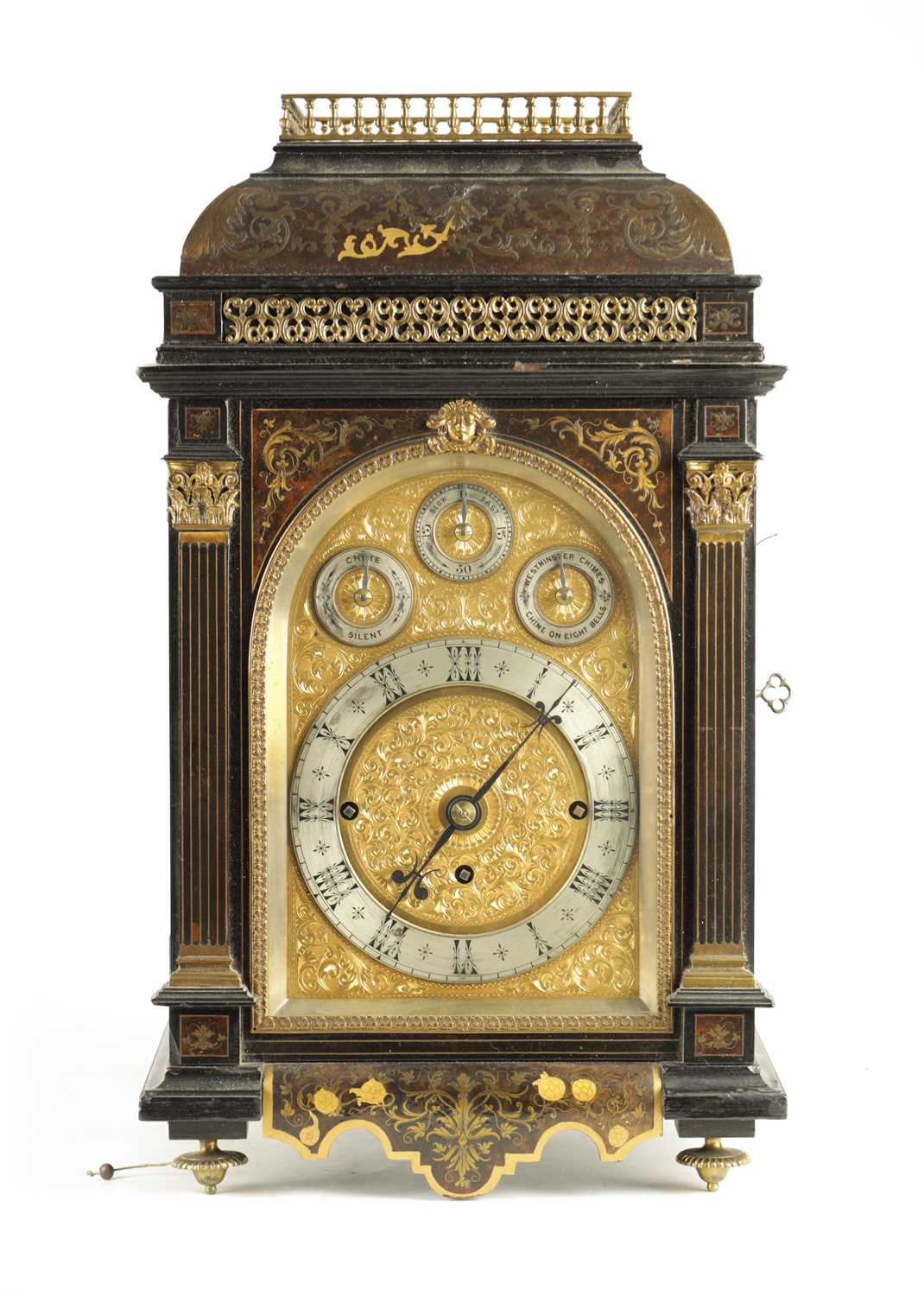 Lot A FINE AND IMPRESSIVE LATE 19TH CENTURY BRASS INLAID BOULLE WORK AND EBONSIED THREE TRAIN BRACKET CLOCK