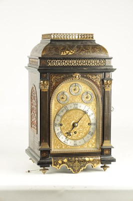 Lot A FINE AND IMPRESSIVE LATE 19TH CENTURY BRASS INLAID BOULLE WORK AND EBONSIED THREE TRAIN BRACKET CLOCK