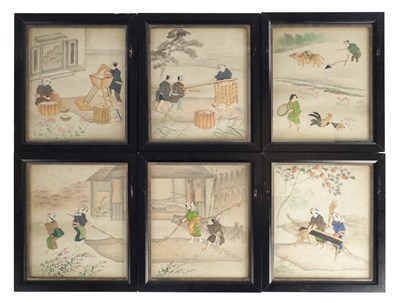 Lot 132 - AN UNUSUAL SET OF SIX CHINESE RAISED PADWORK PICTURES OF EVERYDAY LIFE