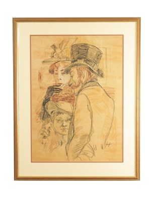 Lot A LATE 19TH CENTURY CHARCOAL DRAWING OF A GENTLEMAN AND LADIES