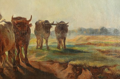 Lot GEORGES EUGENE LORGEOUX (1871-1953) A 19TH CENTURY OIL ON CANVAS "DROVER WITH CATTLE"