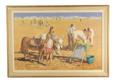 Lot WILLIAM NORMAN GAUNT (1918-2001) A 20TH CENTURY OIL ON BOARD DONKEYS AND CHILDREN PLAYING ON A BEACH