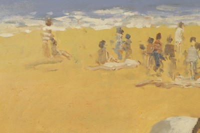 Lot WILLIAM NORMAN GAUNT (1918-2001) A 20TH CENTURY OIL ON BOARD DONKEYS AND CHILDREN PLAYING ON A BEACH