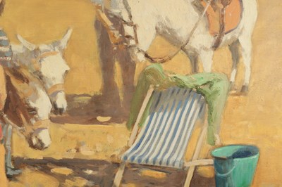 Lot WILLIAM NORMAN GAUNT (1918-2001) A 20TH CENTURY OIL ON BOARD DONKEYS AND CHILDREN PLAYING ON A BEACH