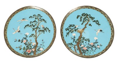 Lot 248 - A FINE PAIR OF JAPANESE MEIJI CLOISONNE ENAMEL CHARGERS OF LARGE SIZE