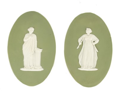 Lot 117 - A PAIR OF LATE 19TH CENTURY WEDGWOOD PALE GREEN OVAL JASPER WARE PANELS