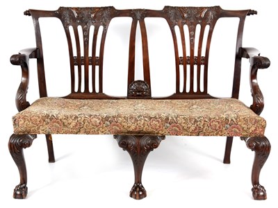 Lot 879 - A GEORGE II STYLE IRISH TWO SEATER SETTEE WITH...