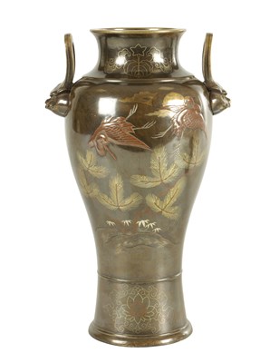 Lot 169 - A FINE JAPANESE MEIJI PERIOD PATINATED BRONZE AND MIXED METAL TWO-HANDLED VASE