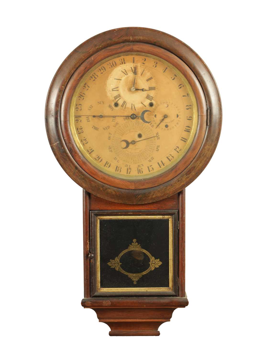 Lot 1107 - A 19TH CENTURY GALES PATENT AMERICAN SPRING DRIVEN WALL CLOCK