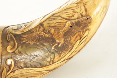 Lot 556 - AN UNUSUAL 19TH CENTURY AMERICAN CARVED HORN POWDER FLASK