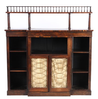 Lot 902 - A REGENCY FIGURED ROSEWOOD BREAKFRONT OPEN...