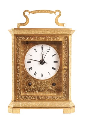 Lot BIRON, PARIS. AN EARLY FRENCH GIANT GILT ENGRAVED STRIKING CARRIAGE CLOCK WITH ALARM