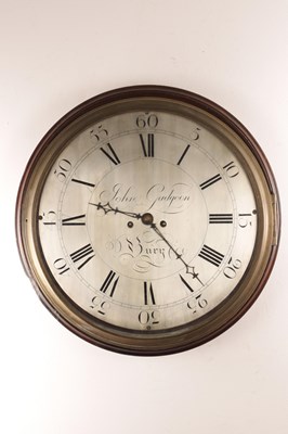 Lot 1733 - JOHN GUDGEON, BURY. A GEORGE III 16” DIAL DOUBLE FUSEE WALL CLOCK