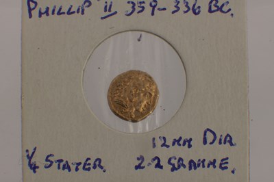 Lot 552 - A MACEDONIAN PHILLIP II 1/4 STATER GOLD COIN