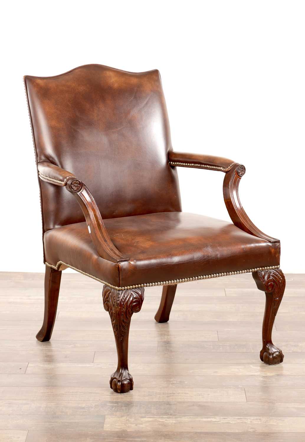 Lot 1287 - A GEORGE III STYLE MAHOGANY GAINSBOROUGH CHAIR