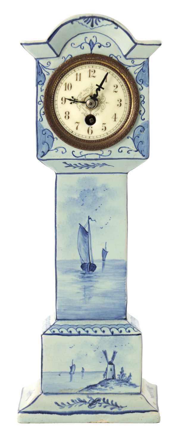Lot 44 - A LATE 19TH CENTURY DELFT BLUE AND WHITE MINIATURE LONGCASE CLOCK
