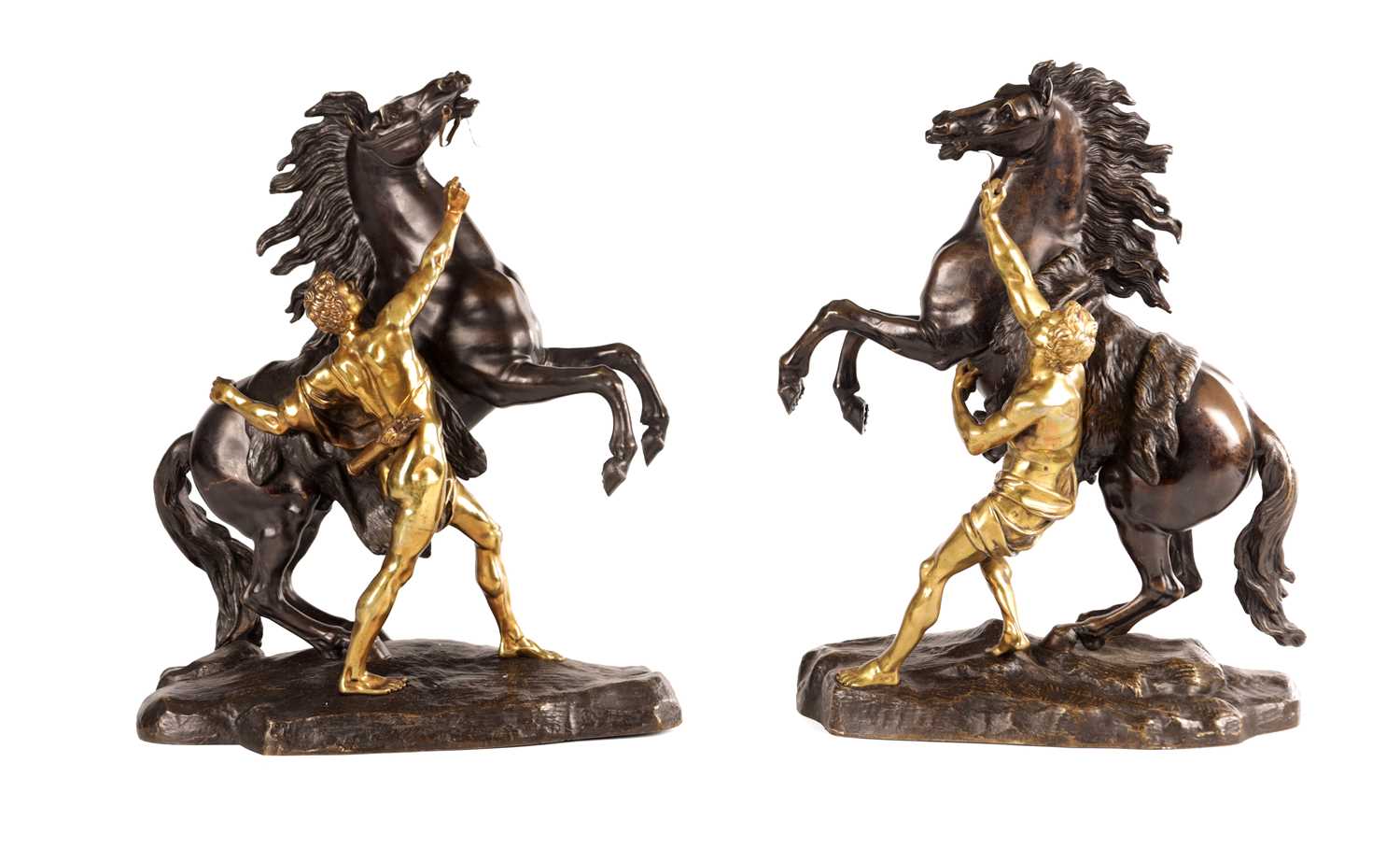 Lot 878 - A LARGE PAIR OF 19TH CENTURY BRONZE AND GILT BRONZE MARLEY HORSES