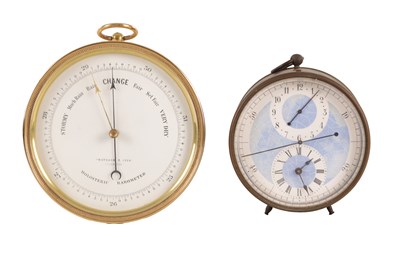 Lot AN UNUSUAL LATE 19TH CENTURY ALARM CLOCK AND AN ANEROID BAROMETER