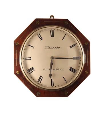 Lot J. BERNARD, SITTINGBOURNE, A REGENCY BRASS INLAID MAHOGANY WALL CLOCK