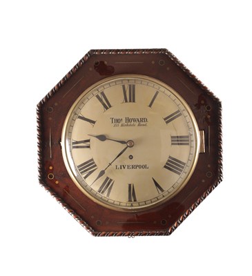 Lot THOMAS HOWARD, LIVERPOOL. A MID 19TH CENTURY BRASS INLAID MAHOGANY FUSEE WALL CLOCK