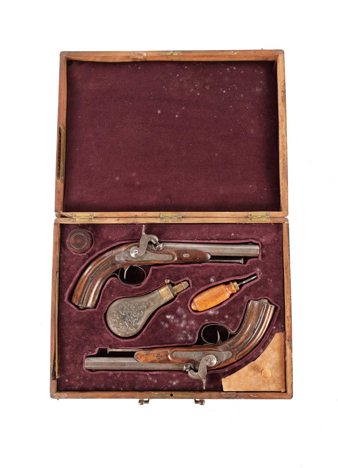 Lot 672 - A PAIR OF CASED 19TH CENTURY PERCUSSION PISTOLS